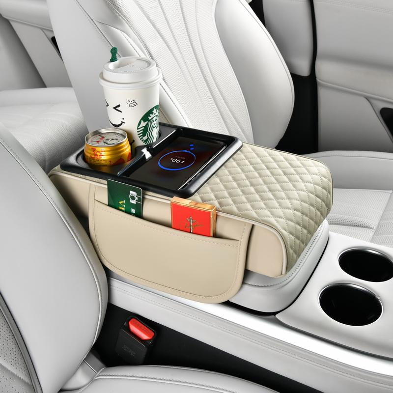 15W Fast Wireless Charging Car Armrest Pad - Height Adjustable Storage with Cup Holders & Phone Dock for Suv/Truck/Sedan