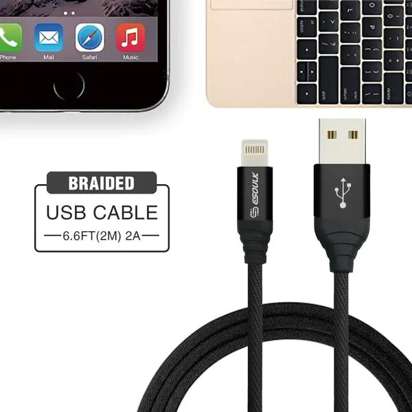Esoulk 2A Heavy Duty Braided USB Lightning Cable 2M (6.6f) Black