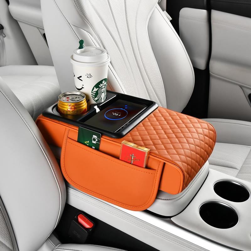 15W Fast Wireless Charging Car Armrest Pad - Height Adjustable Storage with Cup Holders & Phone Dock for Suv/Truck/Sedan