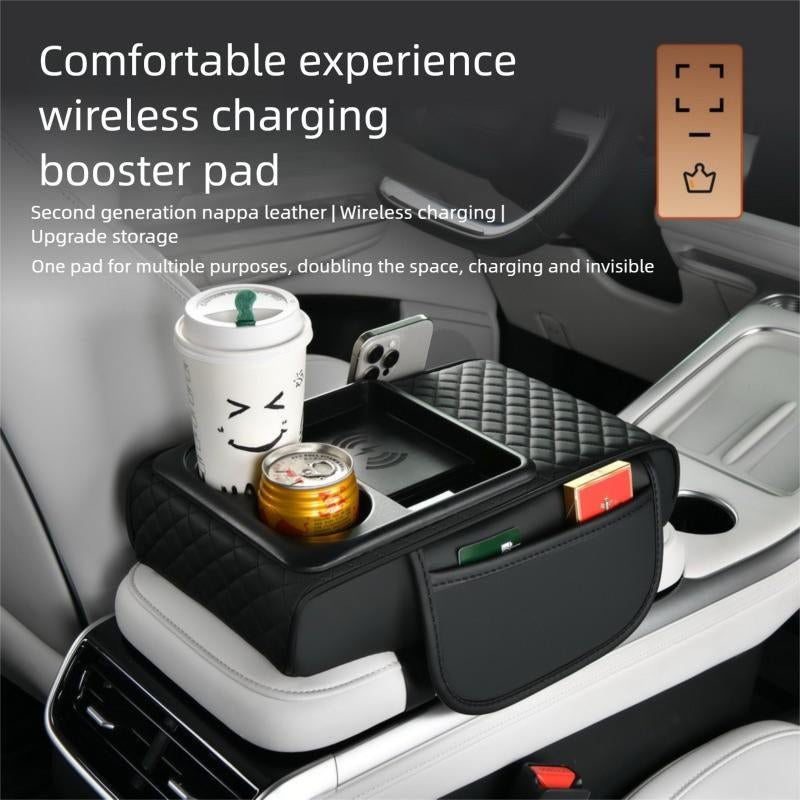 15W Fast Wireless Charging Car Armrest Pad - Height Adjustable Storage with Cup Holders & Phone Dock for Suv/Truck/Sedan