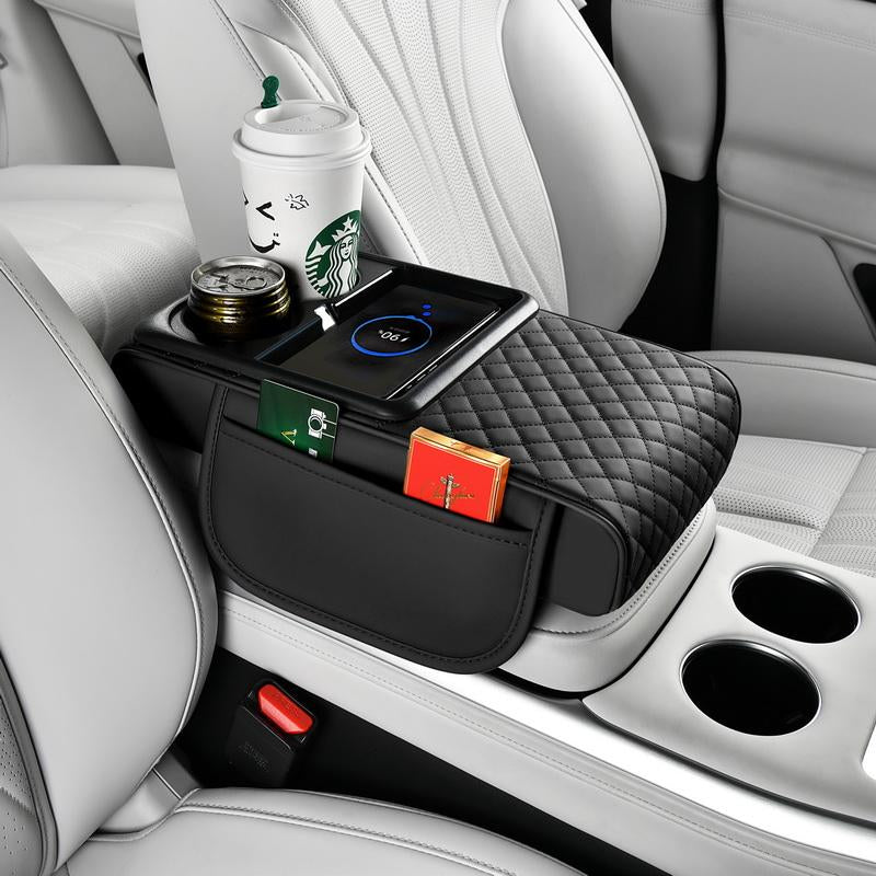 15W Fast Wireless Charging Car Armrest Pad - Height Adjustable Storage with Cup Holders & Phone Dock for Suv/Truck/Sedan