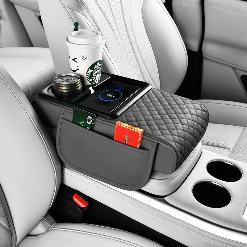 15W Fast Wireless Charging Car Armrest Pad - Height Adjustable Storage with Cup Holders & Phone Dock for Suv/Truck/Sedan