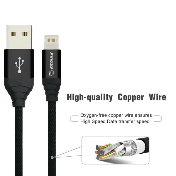 Esoulk 2A Heavy Duty Braided USB Lightning Cable 2M (6.6f) Black
