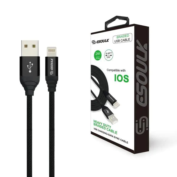Esoulk 2A Heavy Duty Braided USB Lightning Cable 2M (6.6f) Black