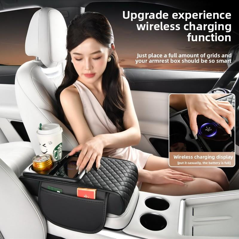 15W Fast Wireless Charging Car Armrest Pad - Height Adjustable Storage with Cup Holders & Phone Dock for Suv/Truck/Sedan