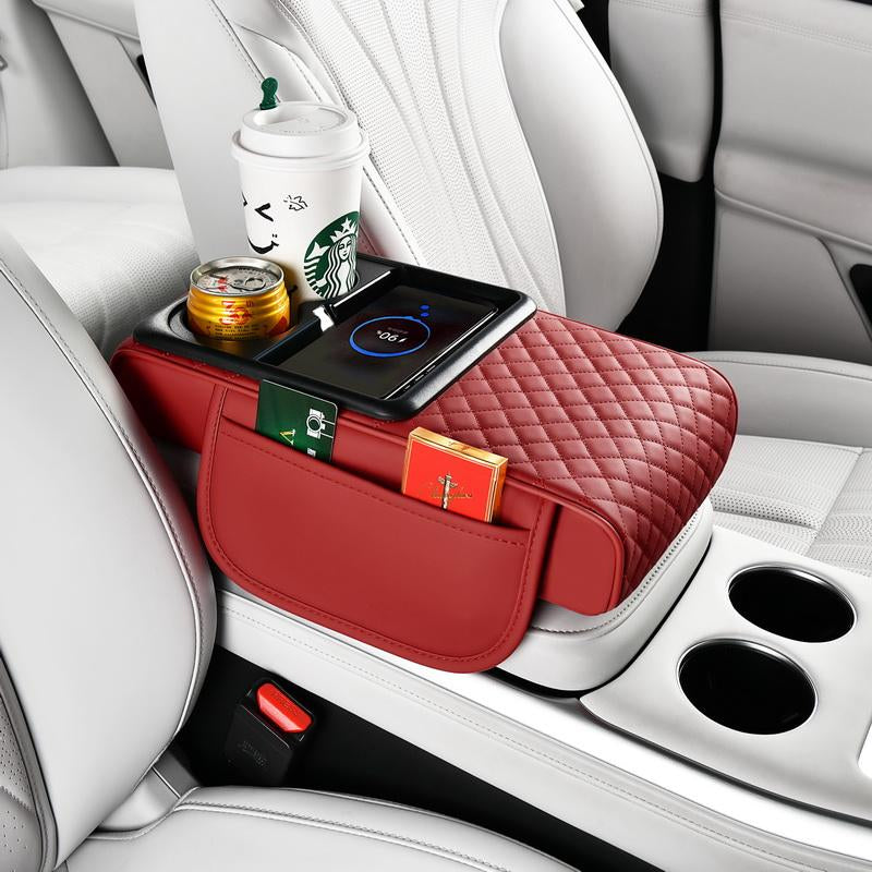 15W Fast Wireless Charging Car Armrest Pad - Height Adjustable Storage with Cup Holders & Phone Dock for Suv/Truck/Sedan
