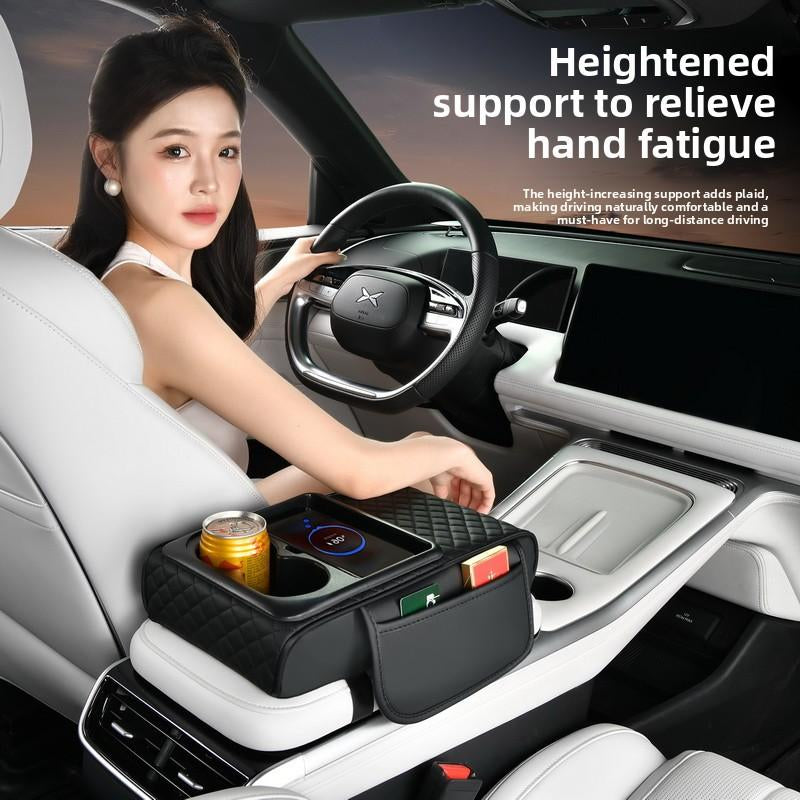 15W Fast Wireless Charging Car Armrest Pad - Height Adjustable Storage with Cup Holders & Phone Dock for Suv/Truck/Sedan